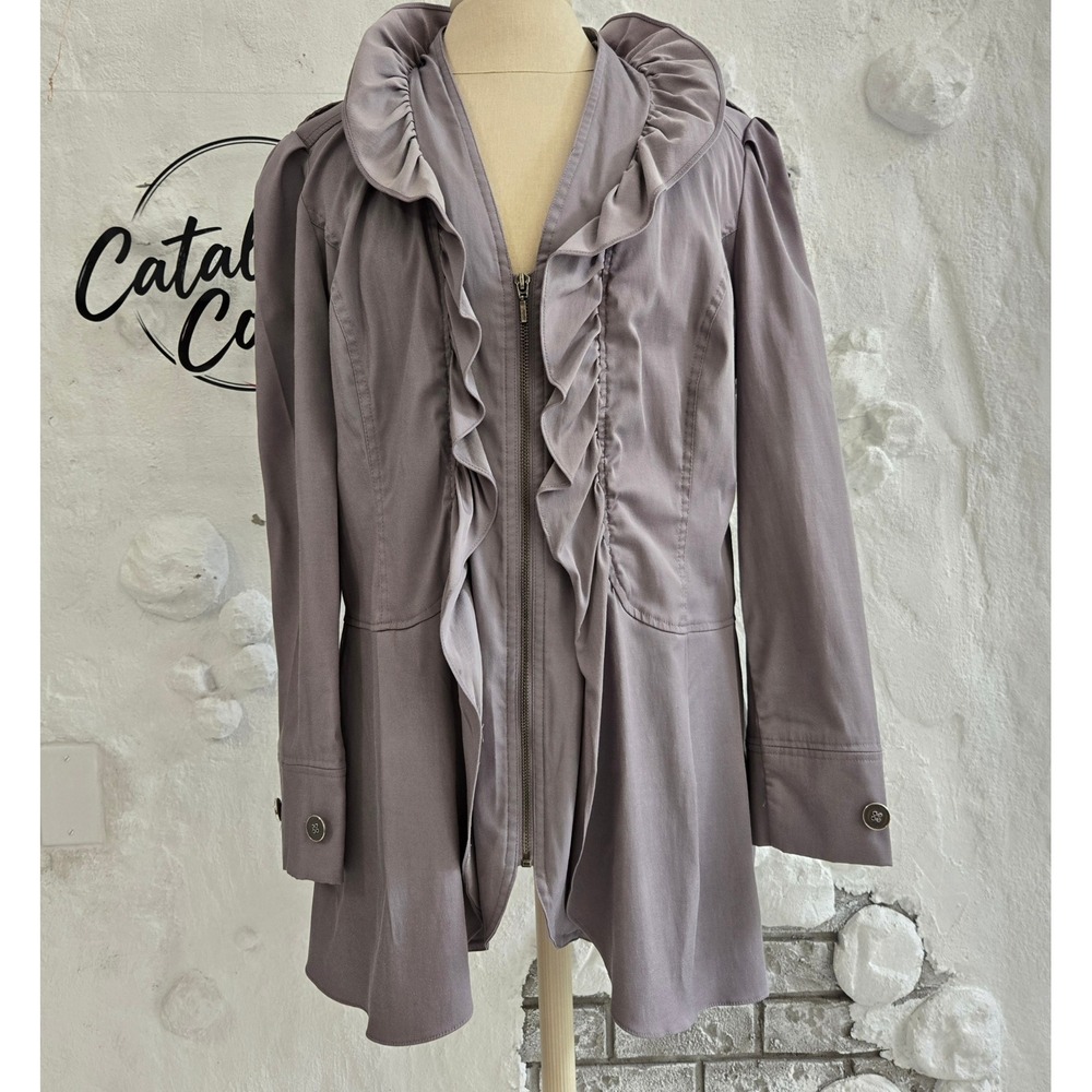 Cynthia Rowley Womens Ruffle Zip Front Jacket Dusty Purple Size L Romantic Chic